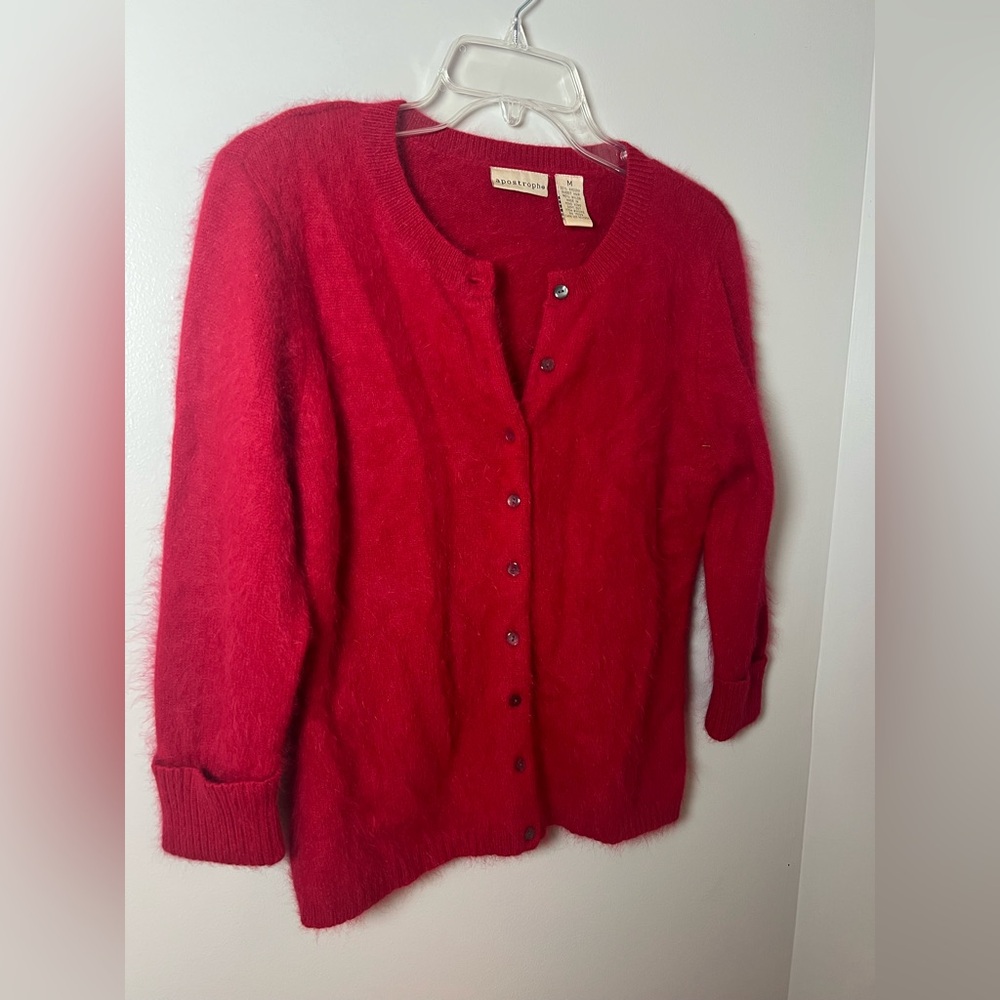 Apostrophe VTG Rabbit Hair Angora Red Cardigan Sweater Old Money Luxury Size M - Picture 3 of 6